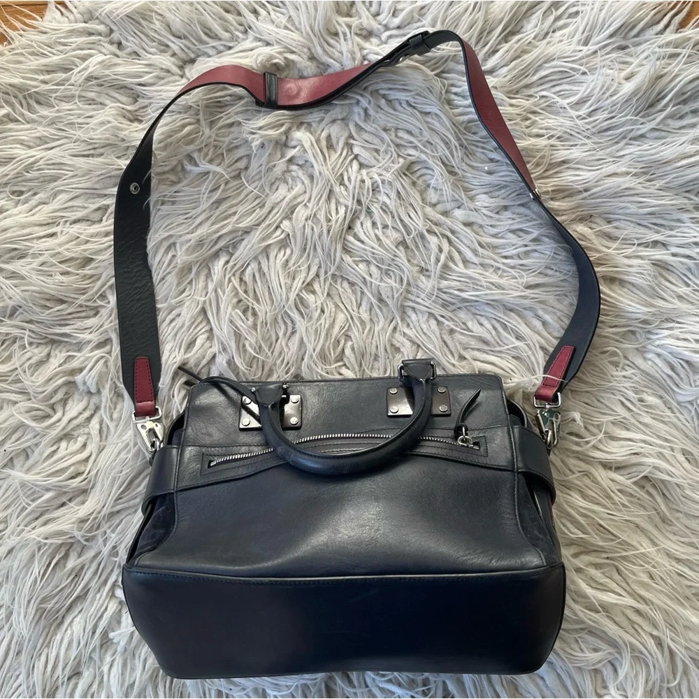 Rag & Bone Small Pilot Navy Blue Red Accent Leather Suede Zip-Up Satchel Bag